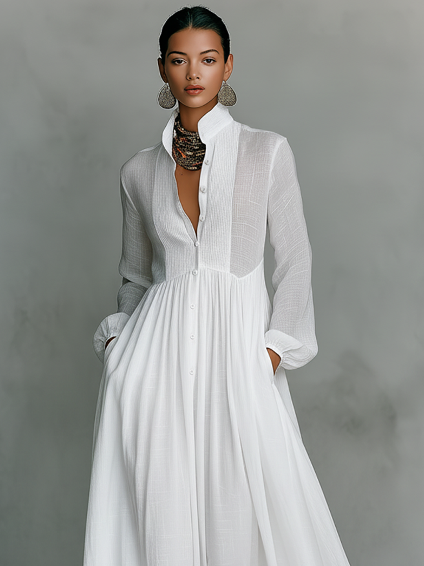 Women's Linen Maxi Dress – Stand Collar, Long Sleeve