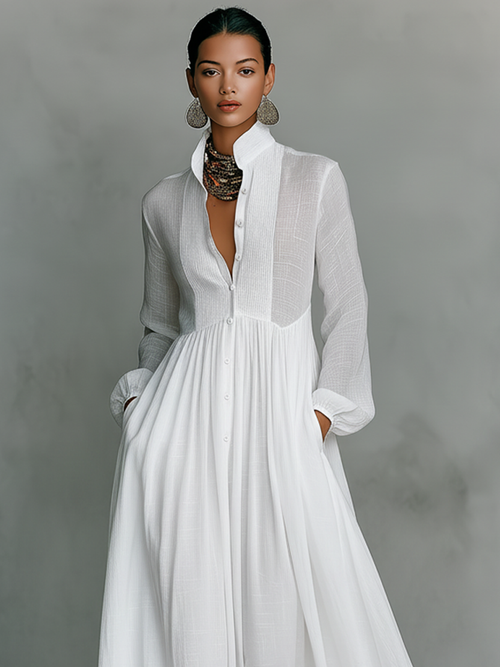 Women's Linen Maxi Dress – Stand Collar, Long Sleeve