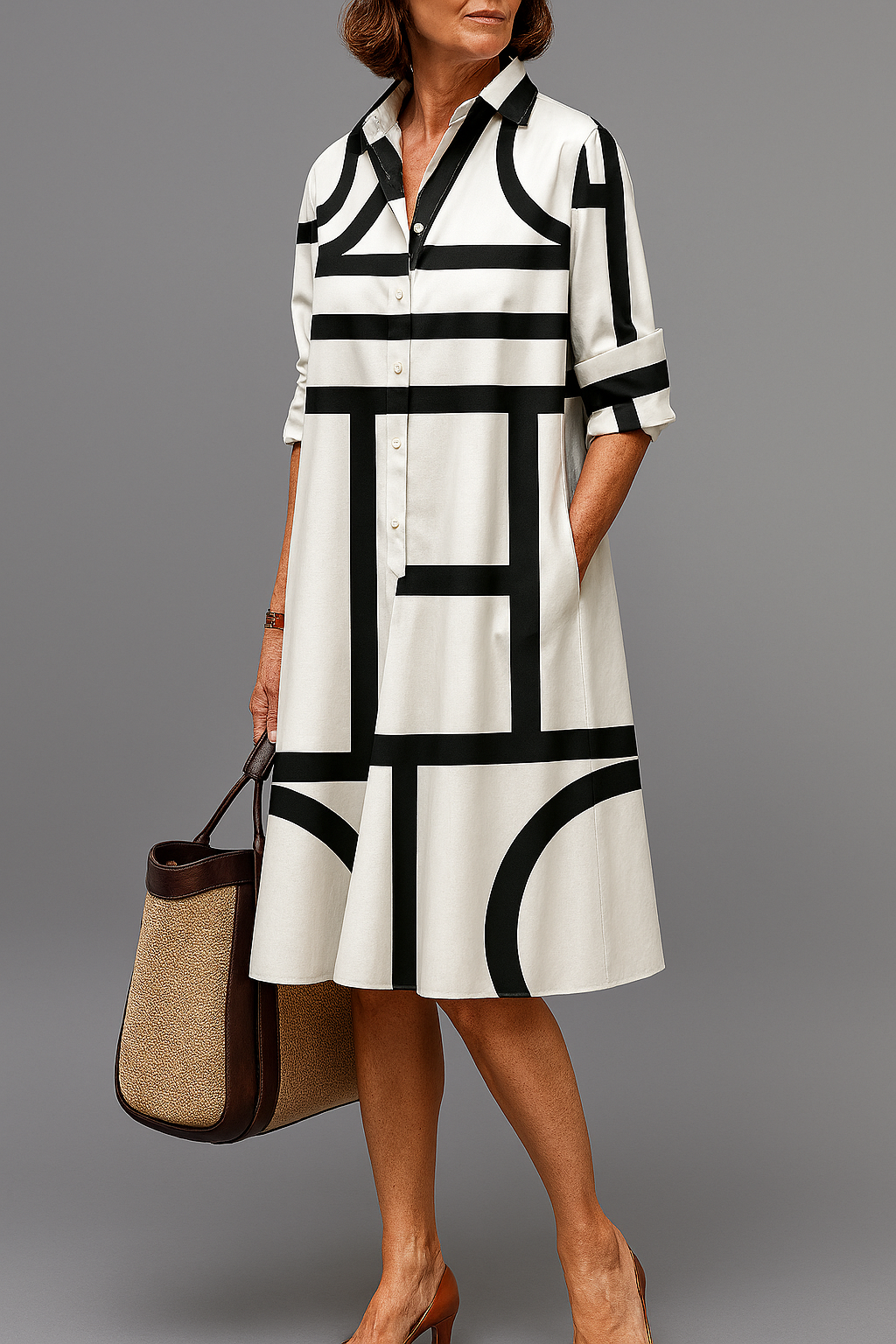 Annette | Stylish Midi Dress, Dark Stripes