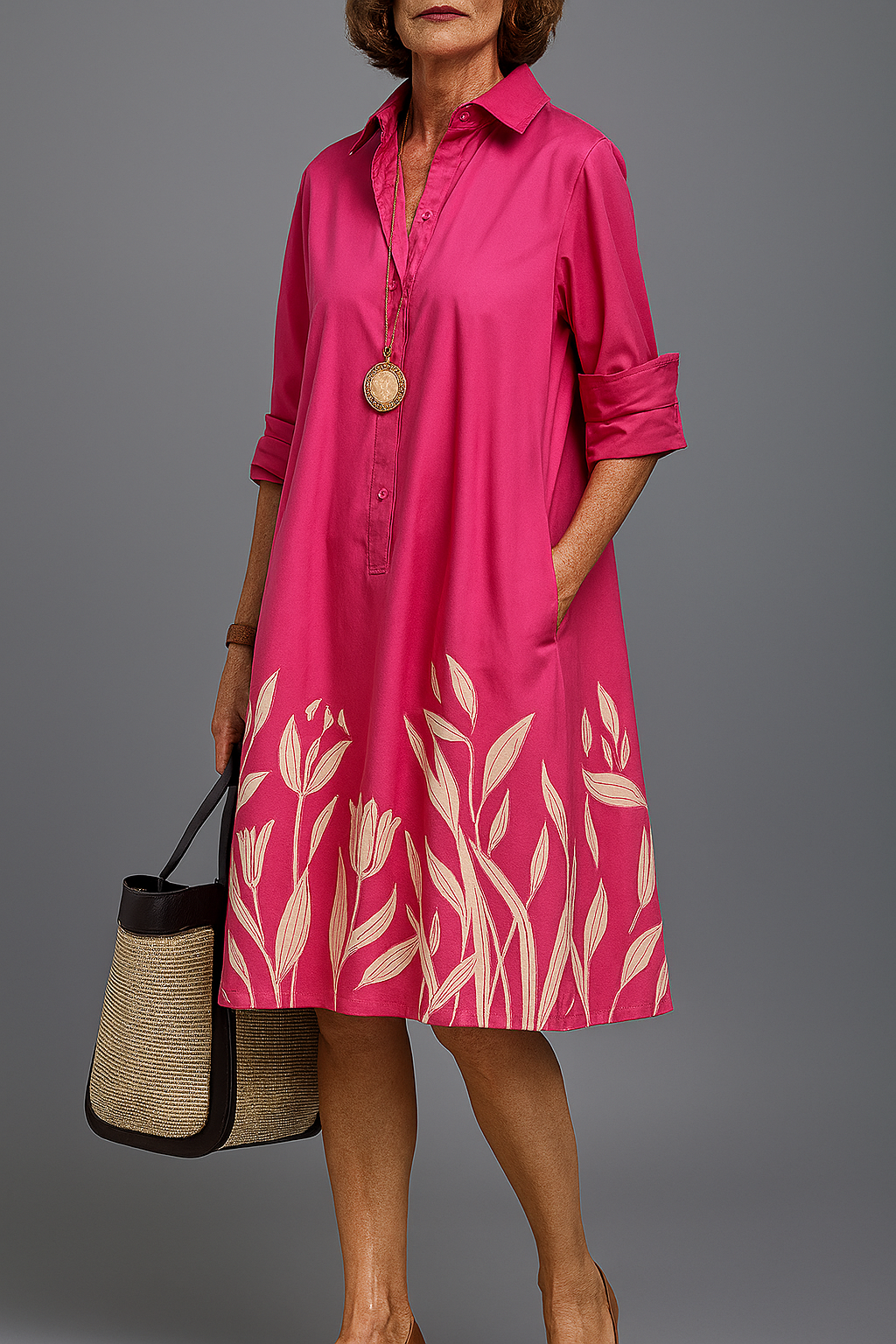 Annmarie | Comfortable Midi Dress, Rosy Pink & Golden Wheat
