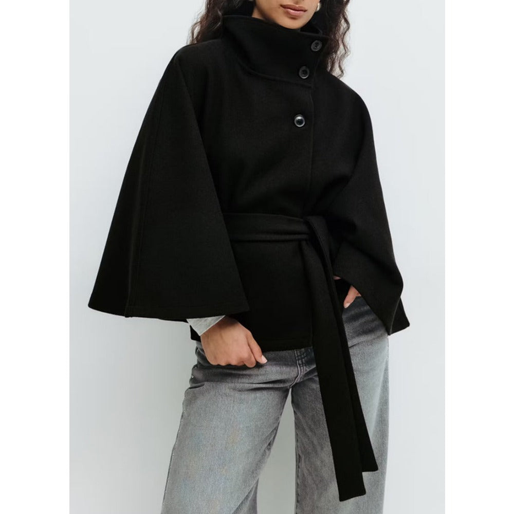 Women's Belted High Collar Cape Coat