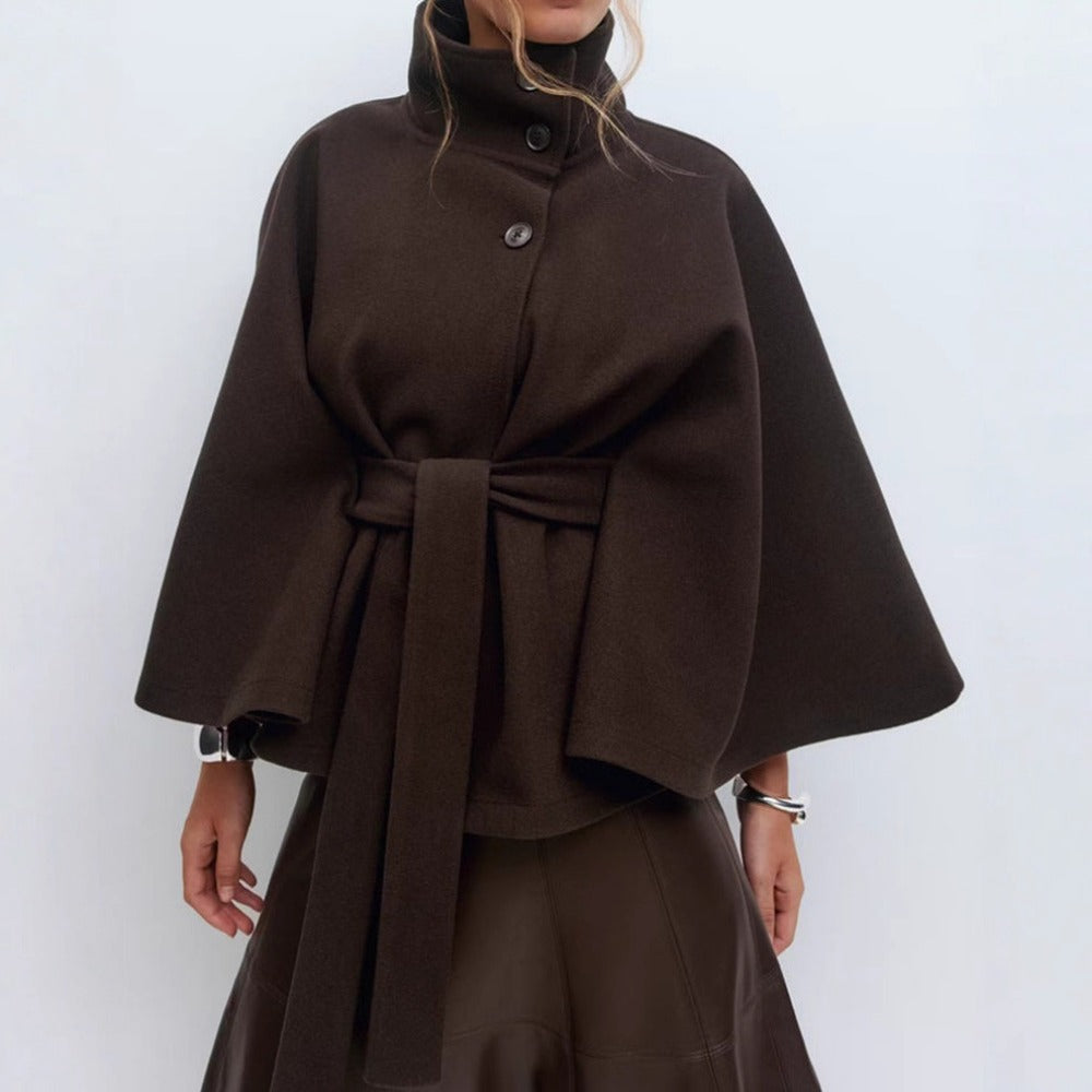 Women's Belted High Collar Cape Coat
