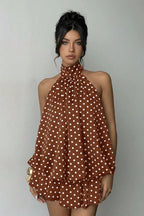 Daisy | Polka Dot Halter Mini Dress - Backless Lace-Up Flared