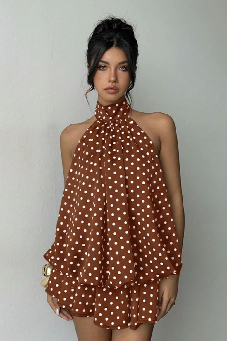 Daisy | Polka Dot Halter Mini Dress - Backless Lace-Up Flared