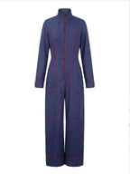 Women's Denim Wide Leg Stand Collar Jumpsuit