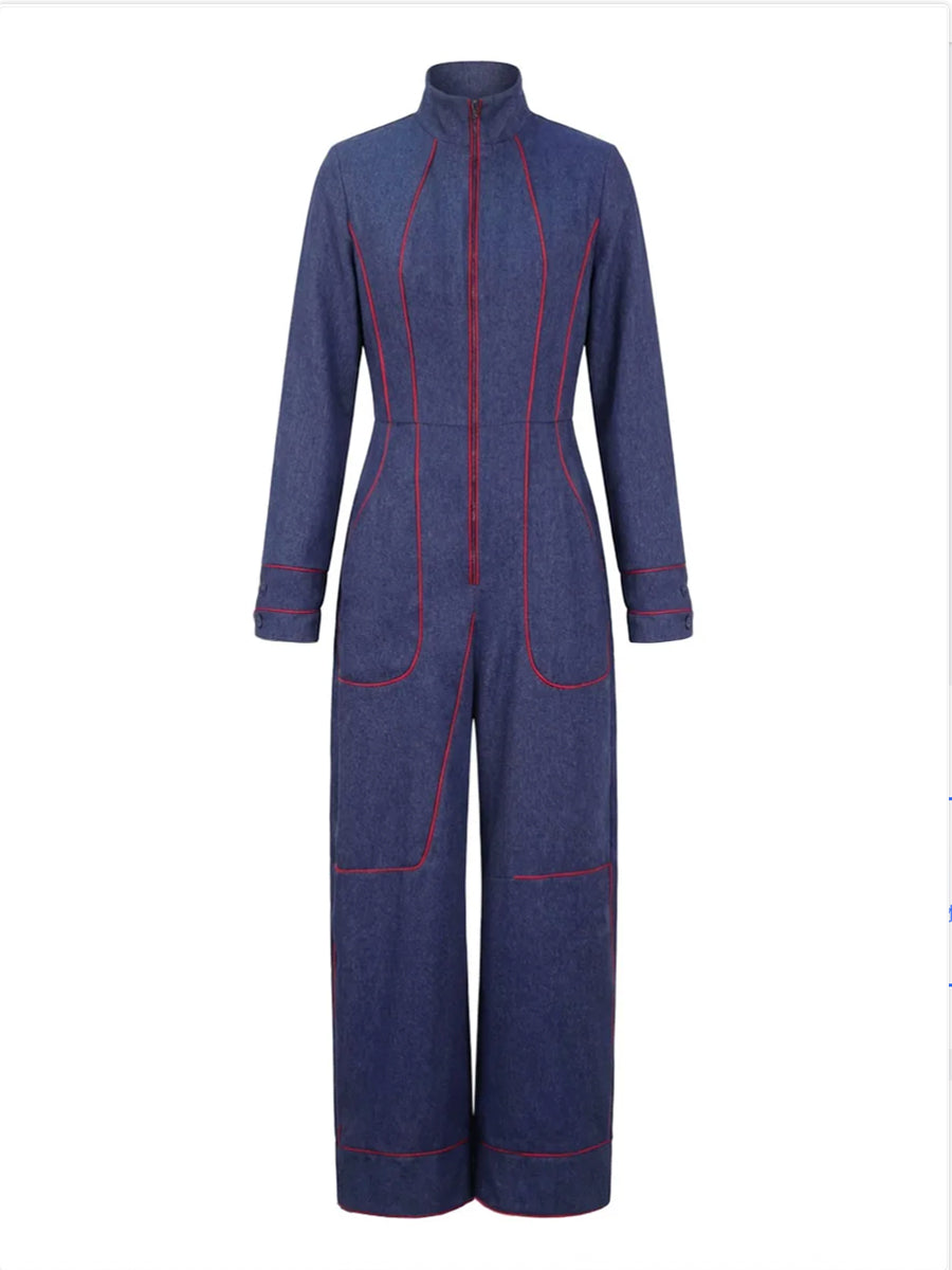 Women's Denim Wide Leg Stand Collar Jumpsuit