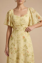 Women's Floral Square Neck Maxi Dress – Puff Sleeves, Ruched Bodice