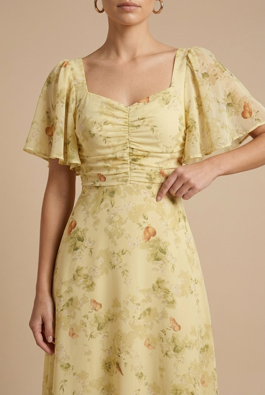 Women's Floral Square Neck Maxi Dress – Puff Sleeves, Ruched Bodice