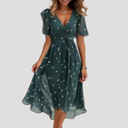 Women Floral Wrap Midi Dress Tummy Control