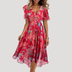 Women Floral Wrap Midi Dress Tummy Control