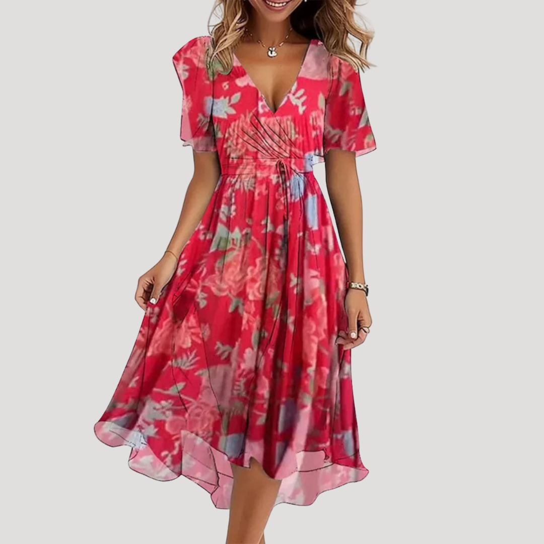 Women Floral Wrap Midi Dress Tummy Control