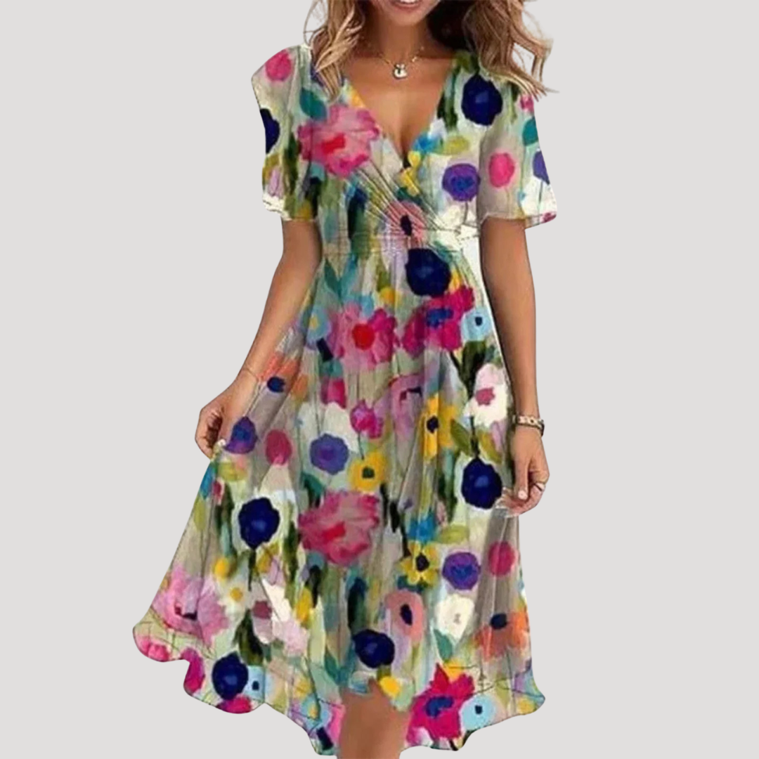 Women Floral Wrap Midi Dress Tummy Control