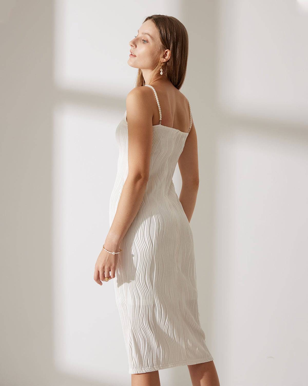 Women's Pearl Strap Water Ripple Midi Dress