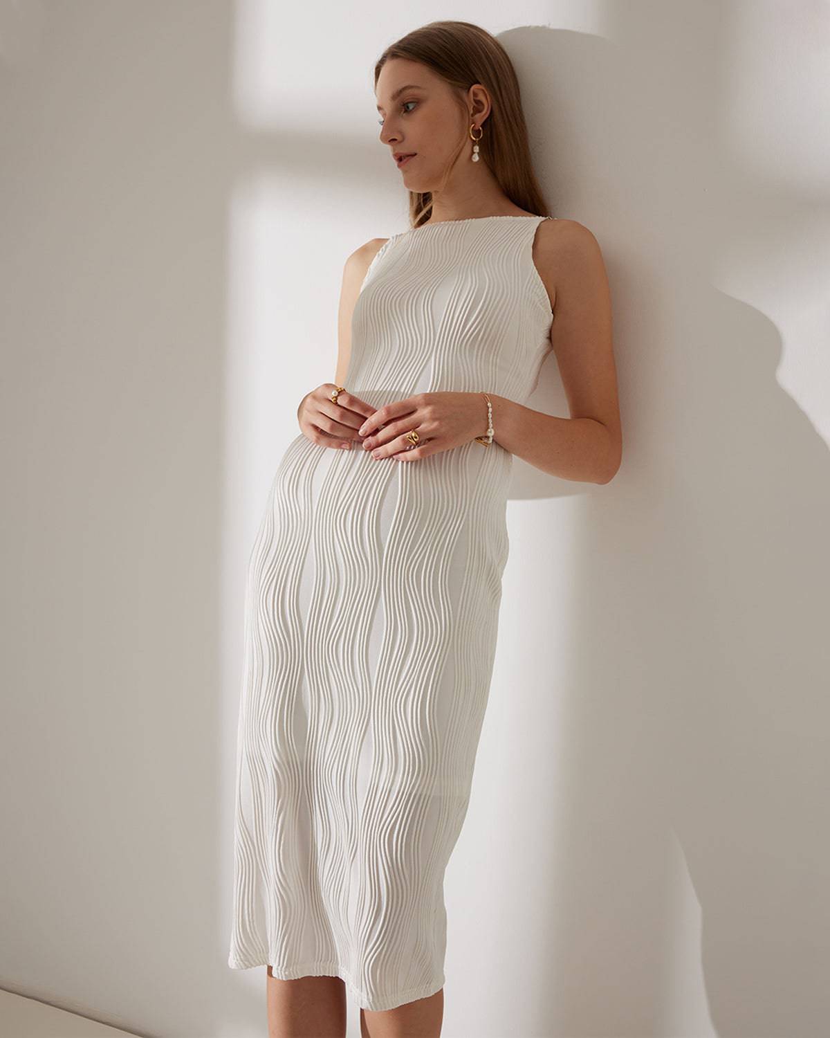 Women's Pearl Strap Water Ripple Midi Dress