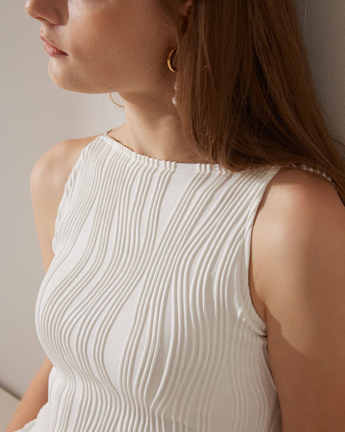 Women's Pearl Strap Water Ripple Midi Dress