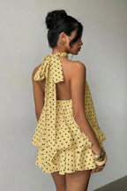 Daisy | Polka Dot Halter Mini Dress - Backless Lace-Up Flared