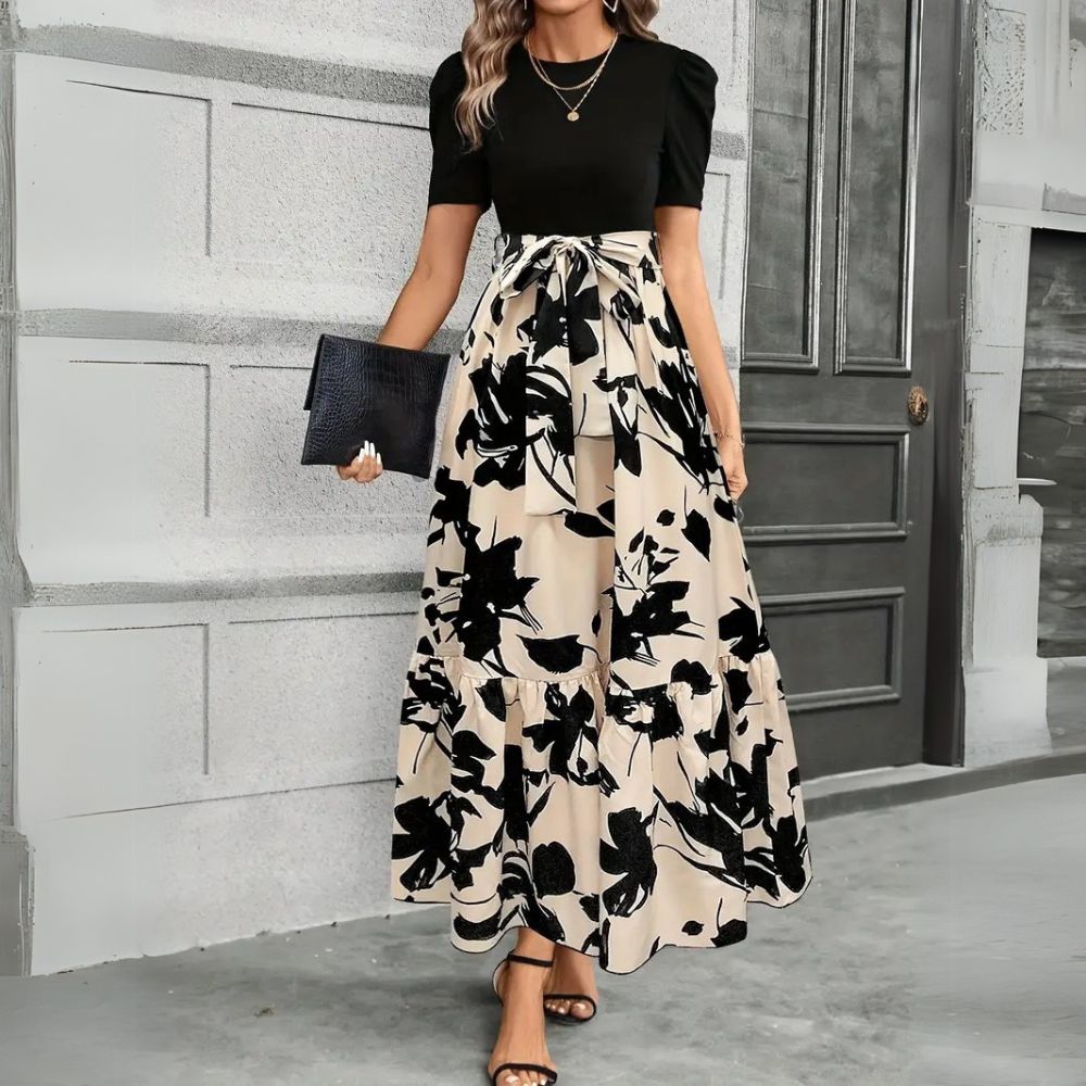 Hannah Floral Print Maxi Dress – High-Waisted Tie Front, A-Line