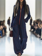 Women's Denim Wide Leg Stand Collar Jumpsuit
