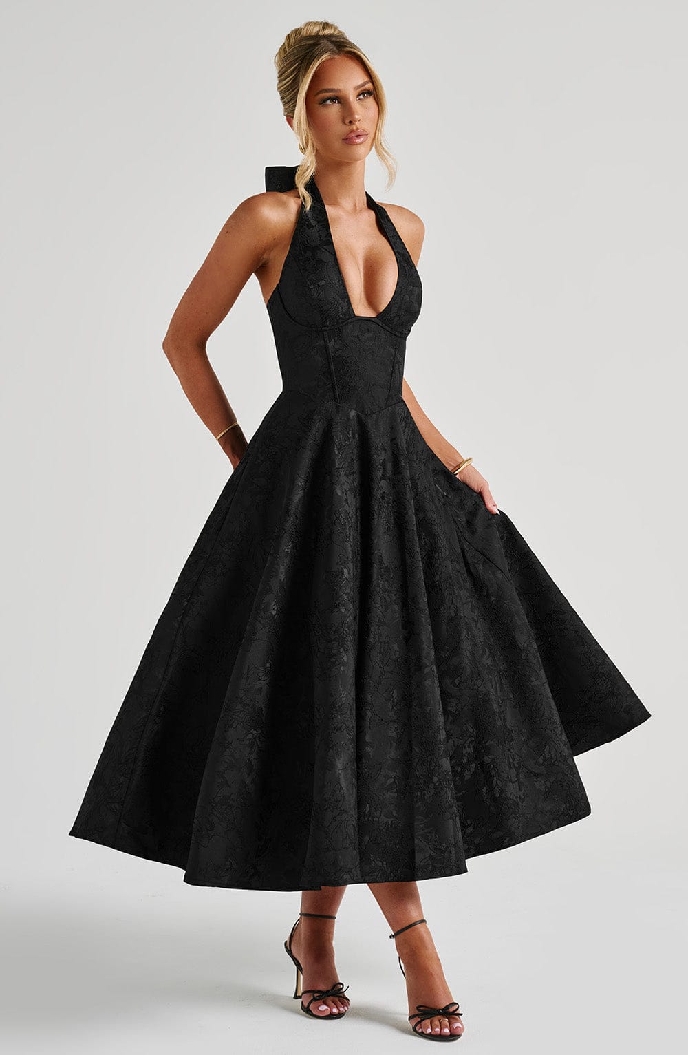 Despoina Satin Midi Dress – Sheen, Twirl Hem