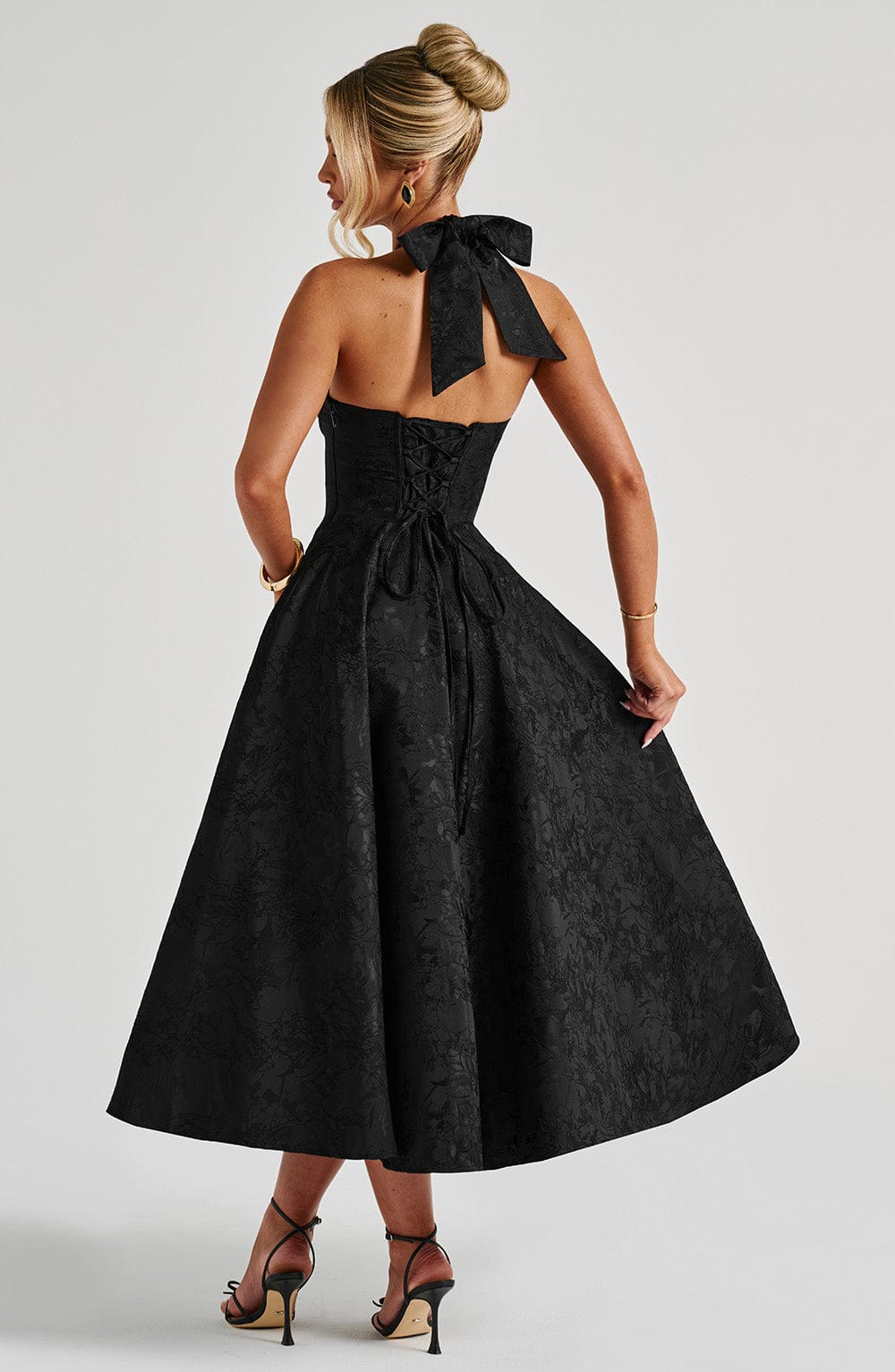Despoina Satin Midi Dress – Sheen, Twirl Hem