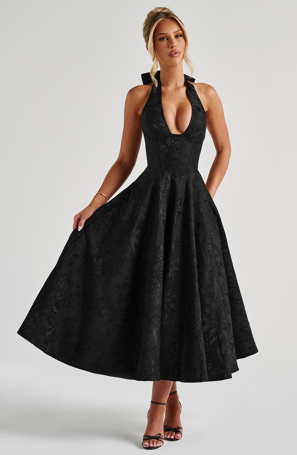 Despoina Satin Midi Dress – Sheen, Twirl Hem