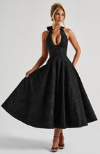 Despoina Satin Midi Dress – Sheen, Twirl Hem