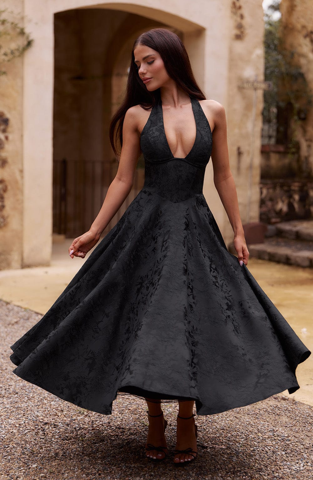 Despoina Satin Midi Dress – Sheen, Twirl Hem