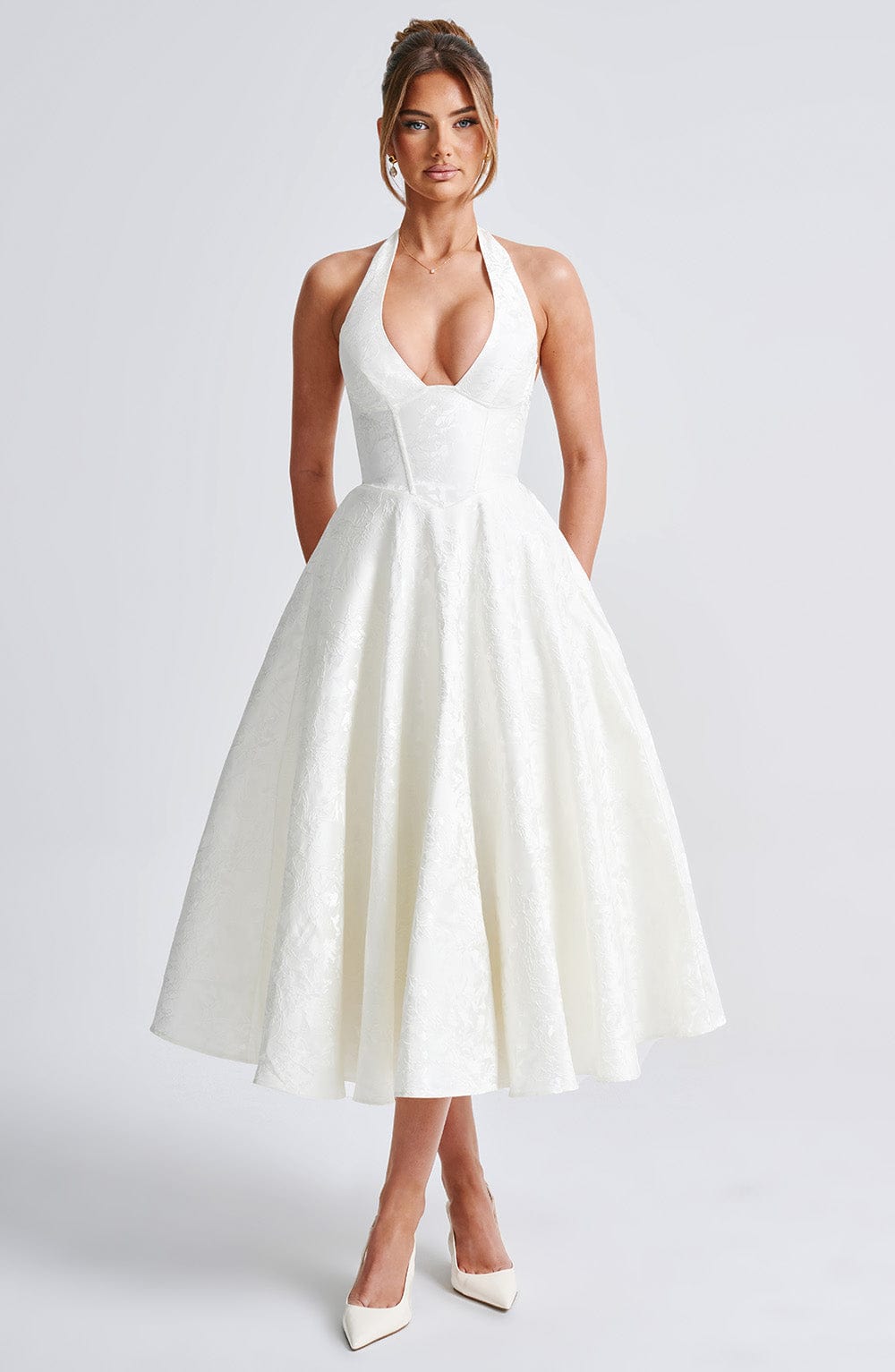 Despoina Satin Midi Dress – Sheen, Twirl Hem
