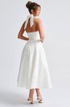 Despoina Satin Midi Dress – Sheen, Twirl Hem