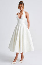 Despoina Satin Midi Dress – Sheen, Twirl Hem