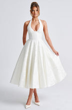 Despoina Satin Midi Dress – Sheen, Twirl Hem