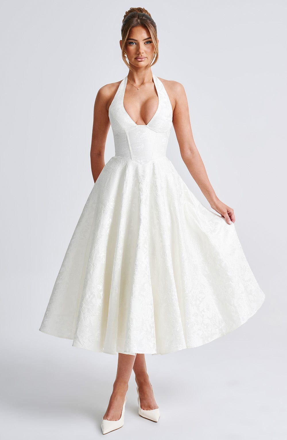 Despoina Satin Midi Dress – Sheen, Twirl Hem