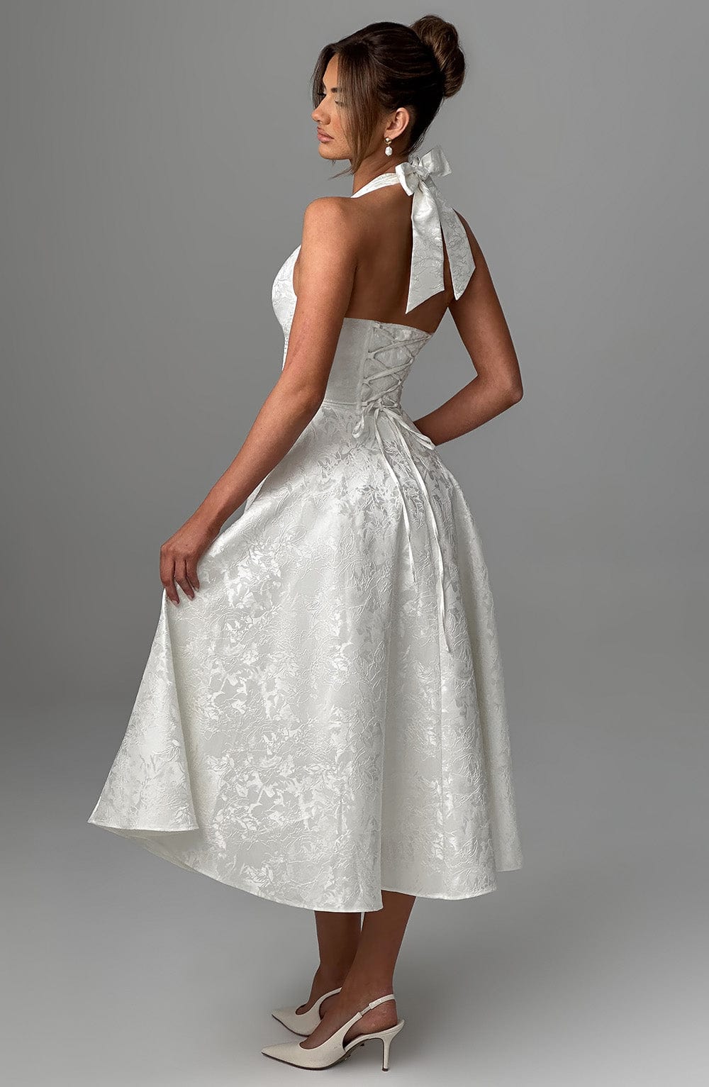 Despoina Satin Midi Dress – Sheen, Twirl Hem