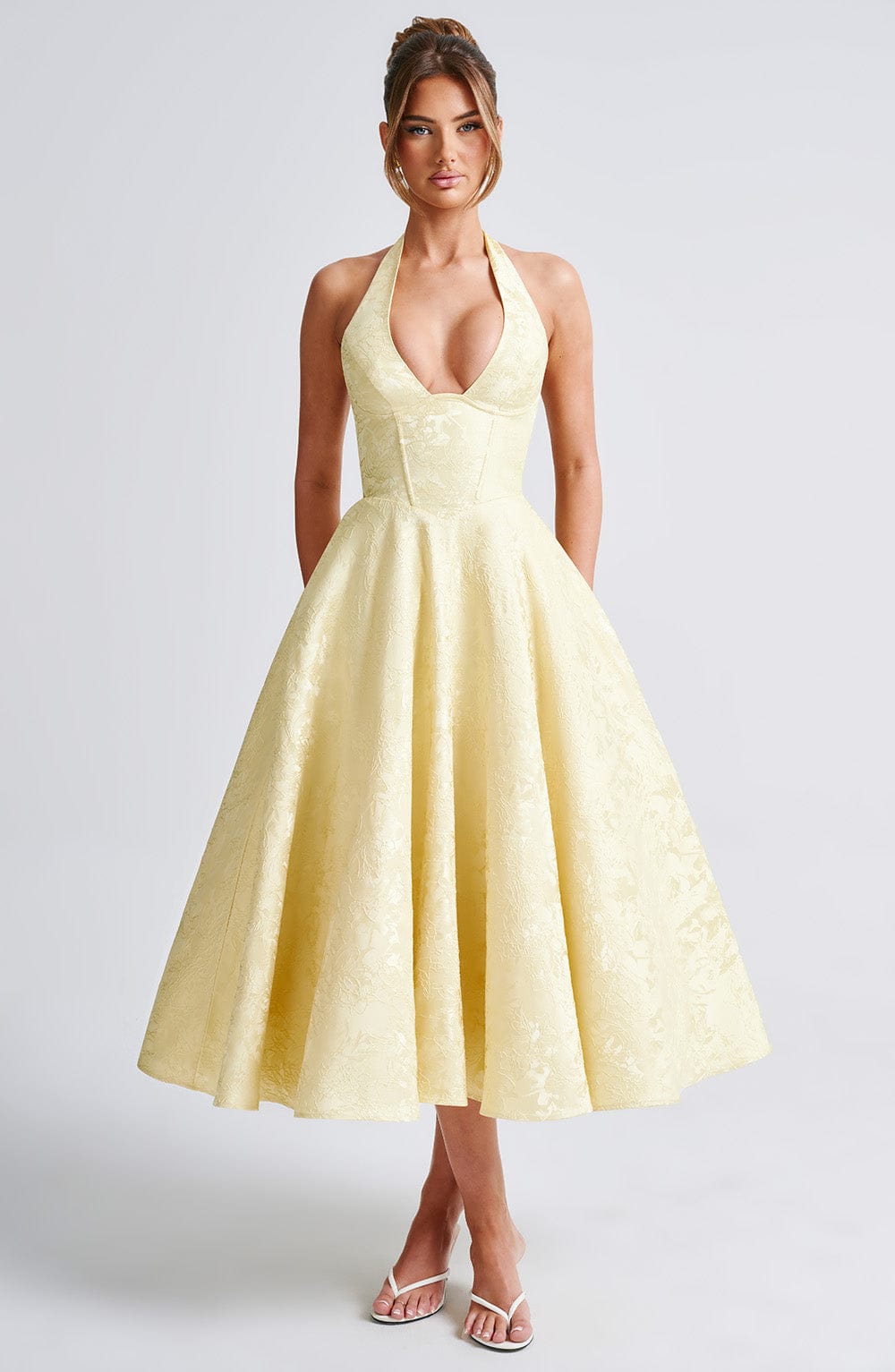 Despoina Satin Midi Dress – Sheen, Twirl Hem