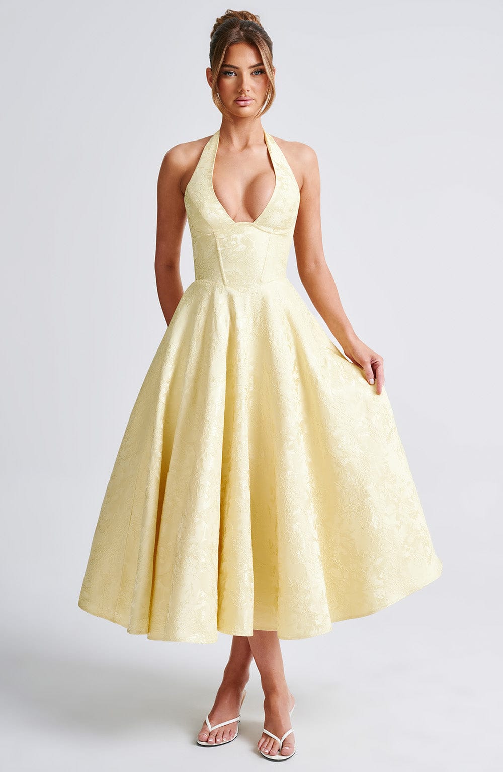 Despoina Satin Midi Dress – Sheen, Twirl Hem
