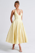 Despoina Satin Midi Dress – Sheen, Twirl Hem