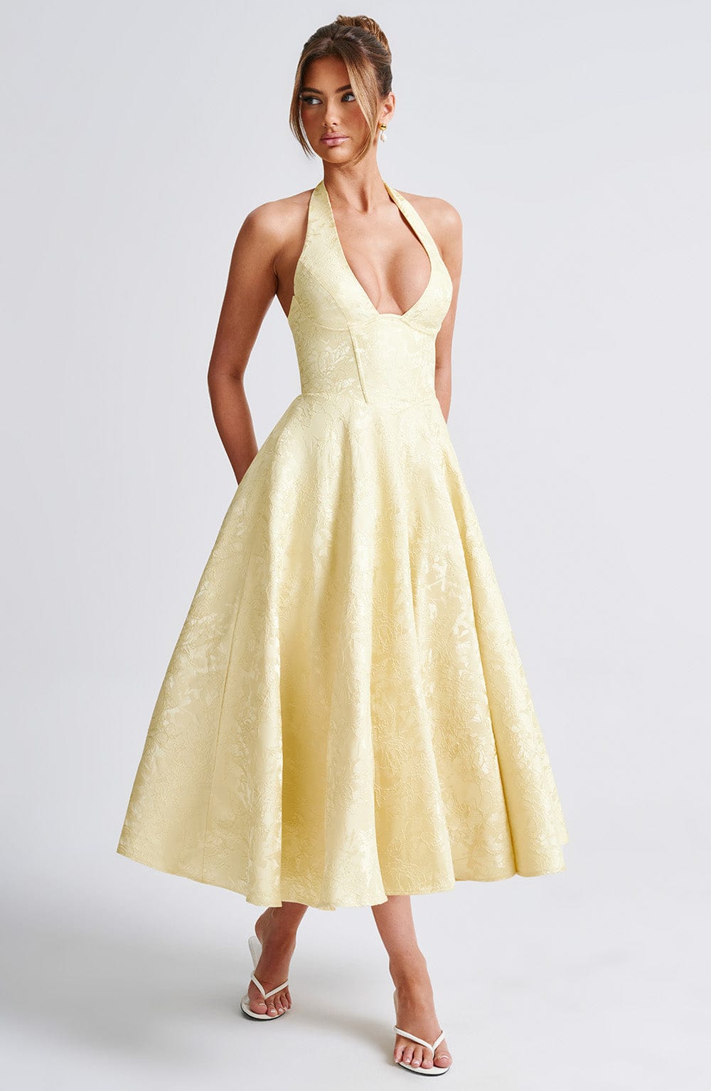 Despoina Satin Midi Dress – Sheen, Twirl Hem