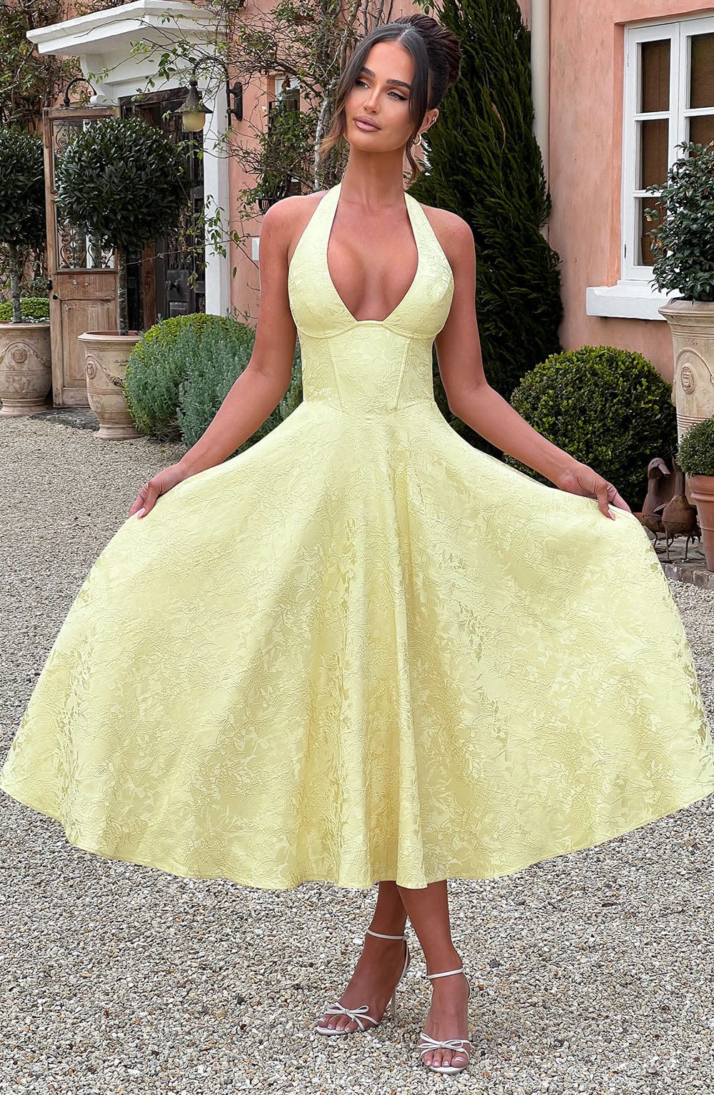 Despoina Satin Midi Dress – Sheen, Twirl Hem