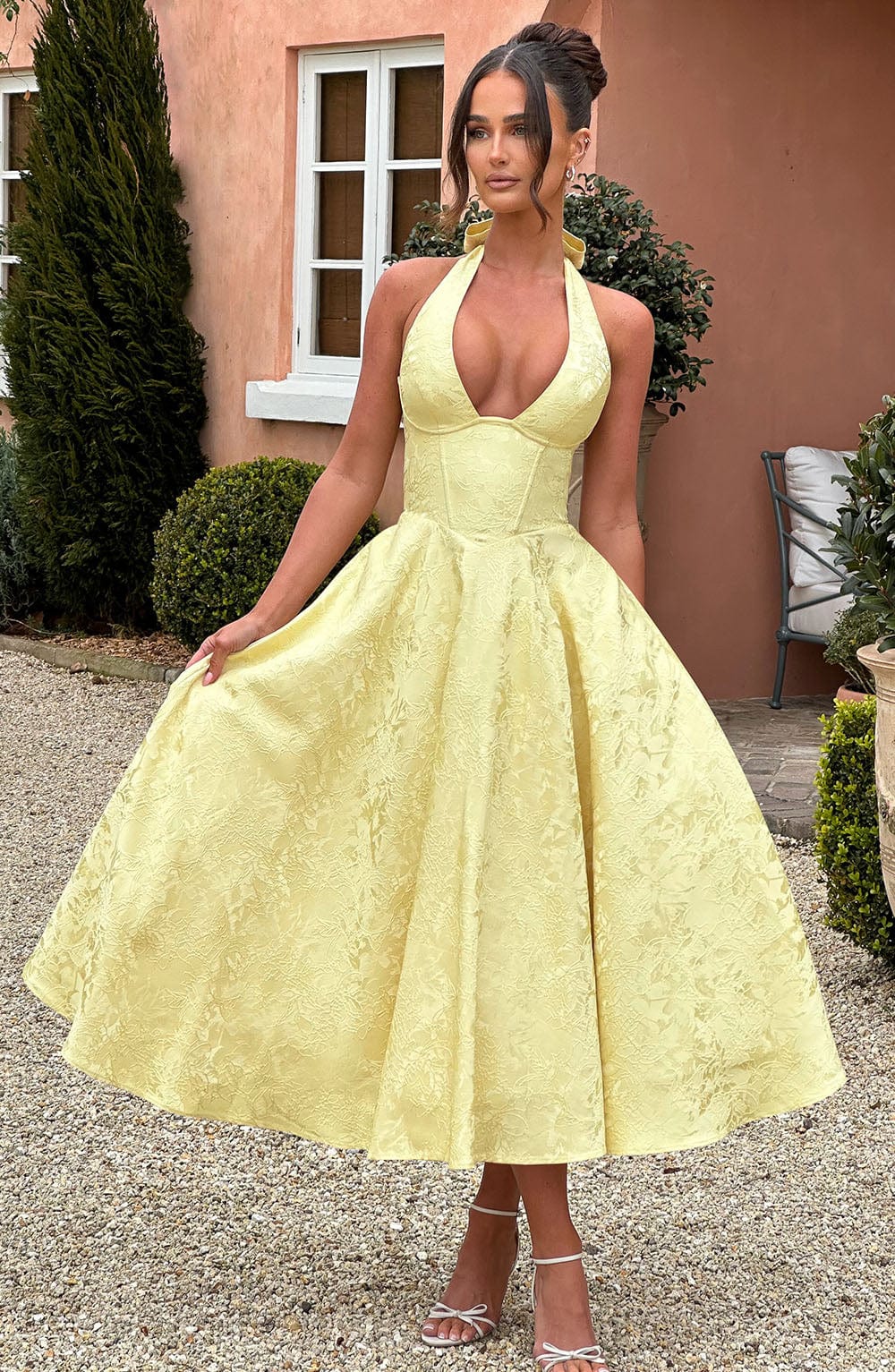 Despoina Satin Midi Dress – Sheen, Twirl Hem