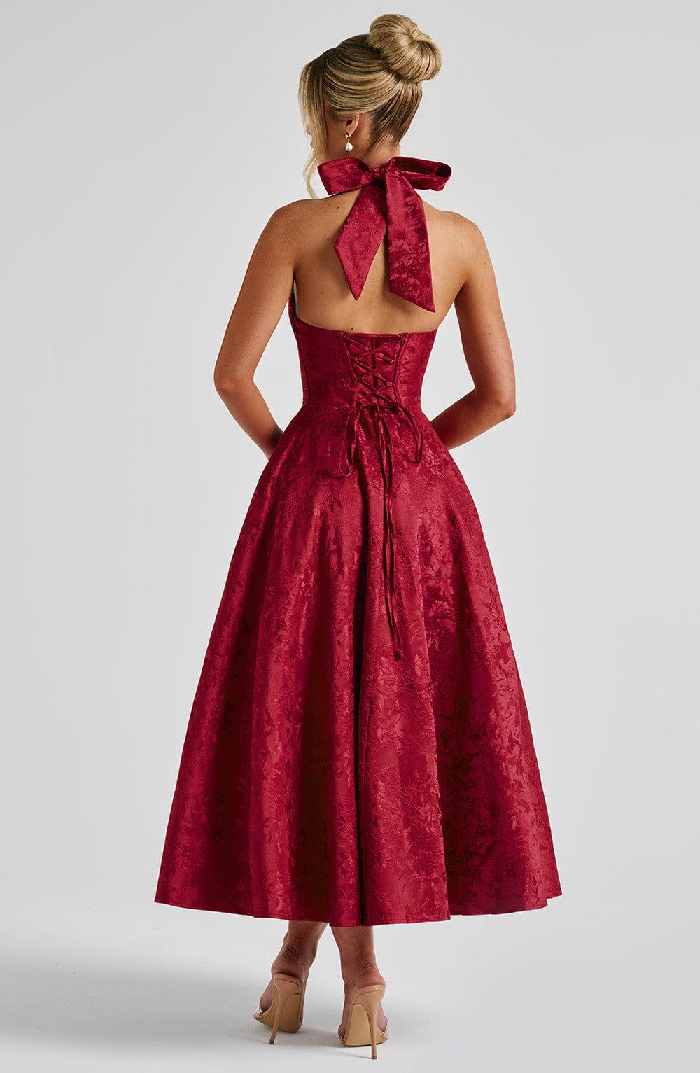 Despoina Satin Midi Dress – Sheen, Twirl Hem