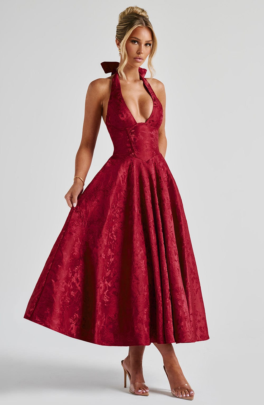 Despoina Satin Midi Dress – Sheen, Twirl Hem