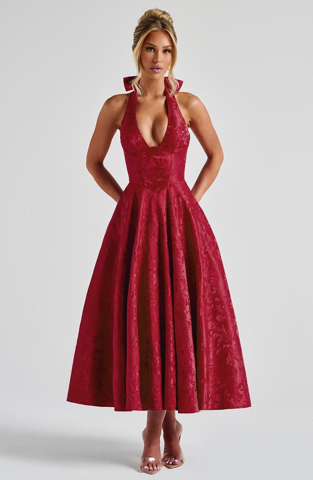 Despoina Satin Midi Dress – Sheen, Twirl Hem