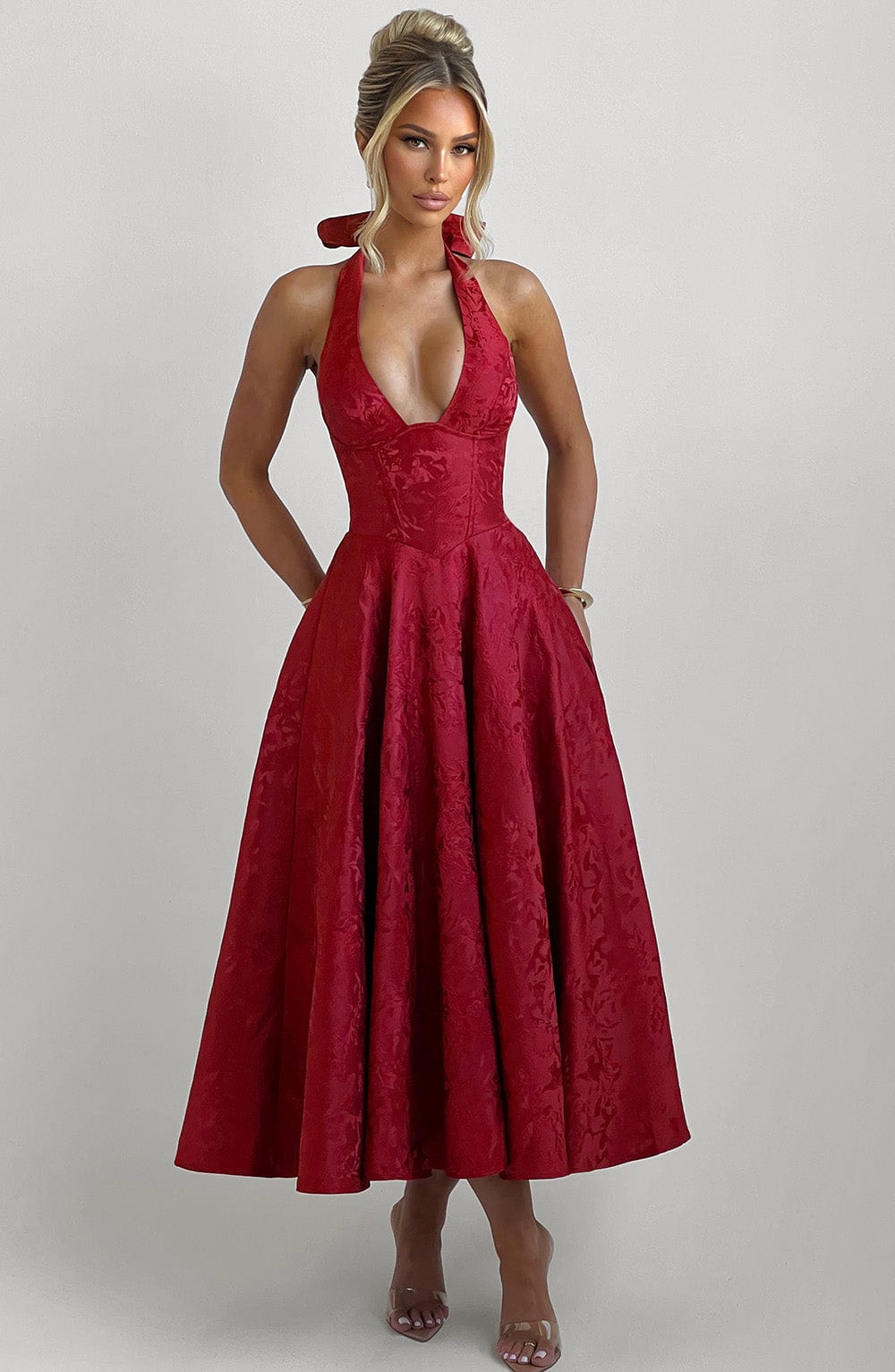 Despoina Satin Midi Dress – Sheen, Twirl Hem
