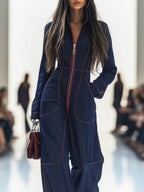 Women's Denim Wide Leg Stand Collar Jumpsuit