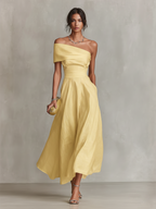 Women's One-Shoulder Linen Midi Dress – Fitted Waist