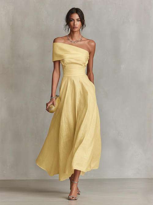 Women's One-Shoulder Linen Midi Dress – Fitted Waist