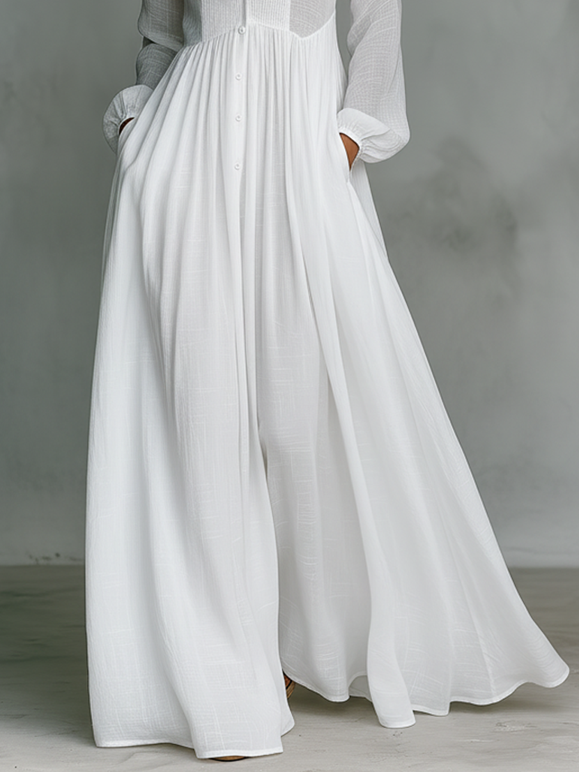 Women's Linen Maxi Dress – Stand Collar, Long Sleeve