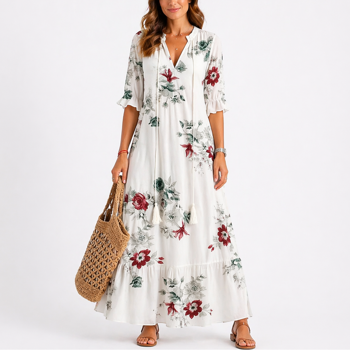 Women's Floral V Neck Midi Dress