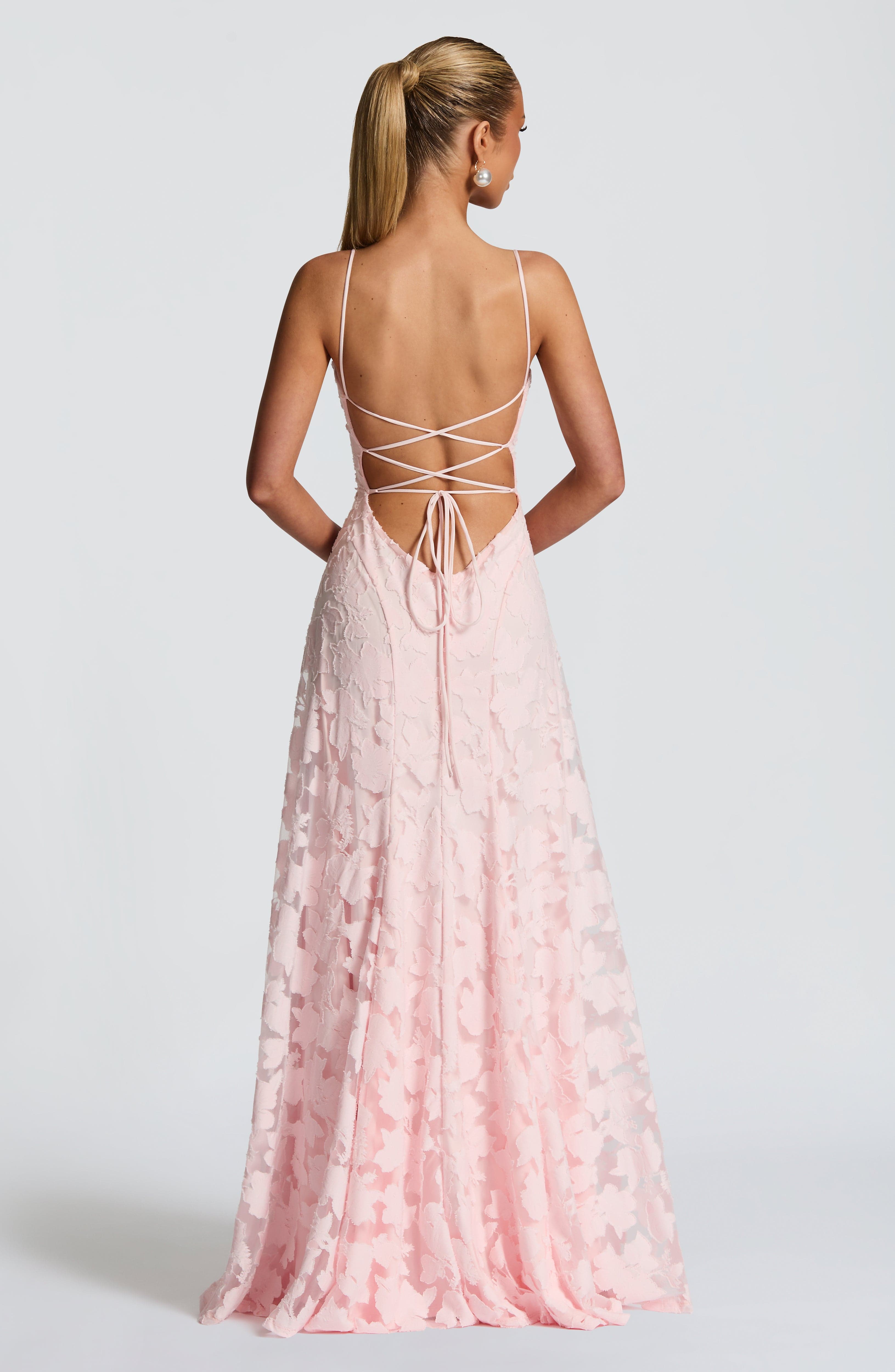 Florencia Floral Maxi Dress – Open Back, A-Line, Bow Detail