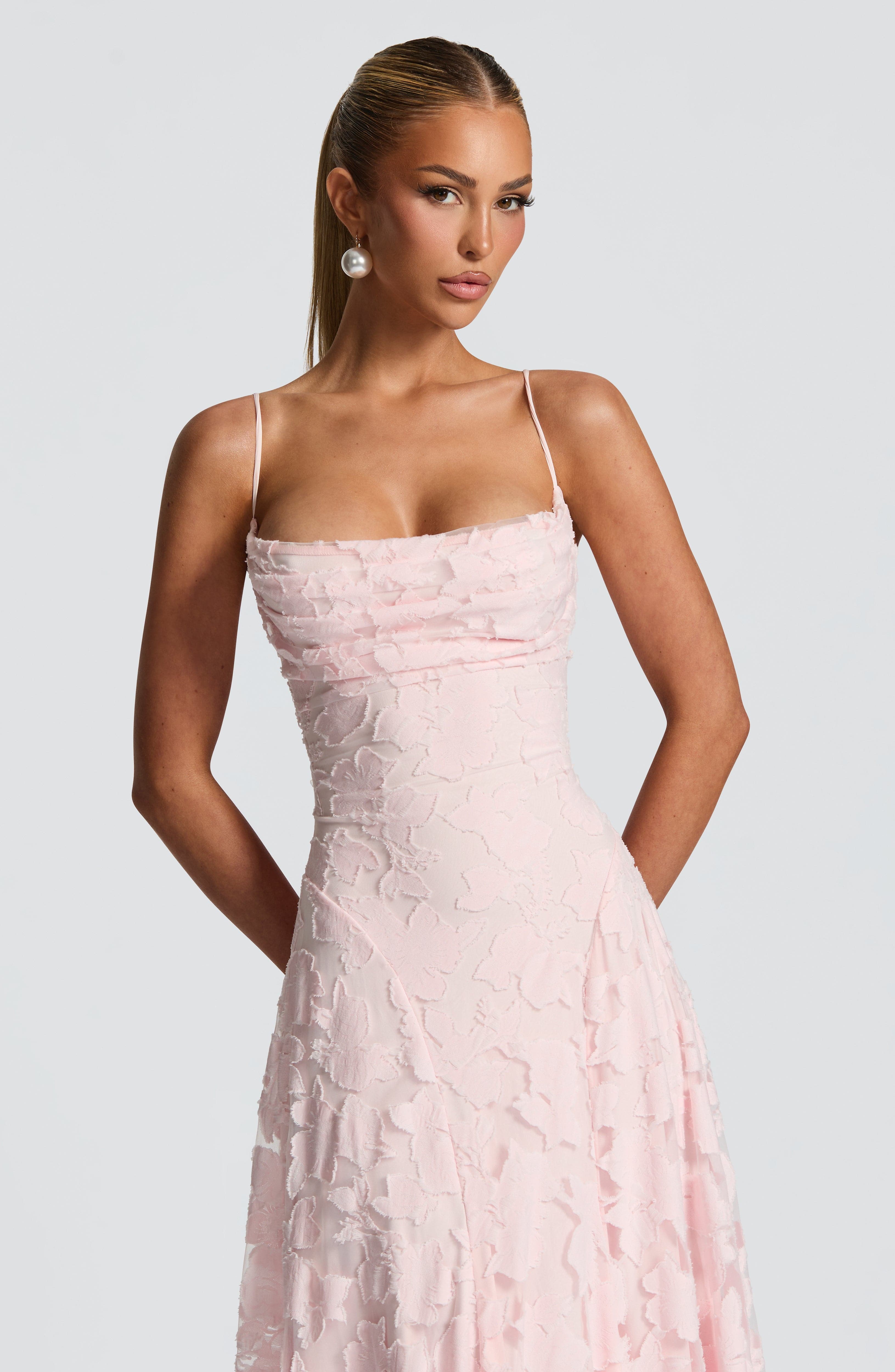 Florencia Floral Maxi Dress – Open Back, A-Line, Bow Detail